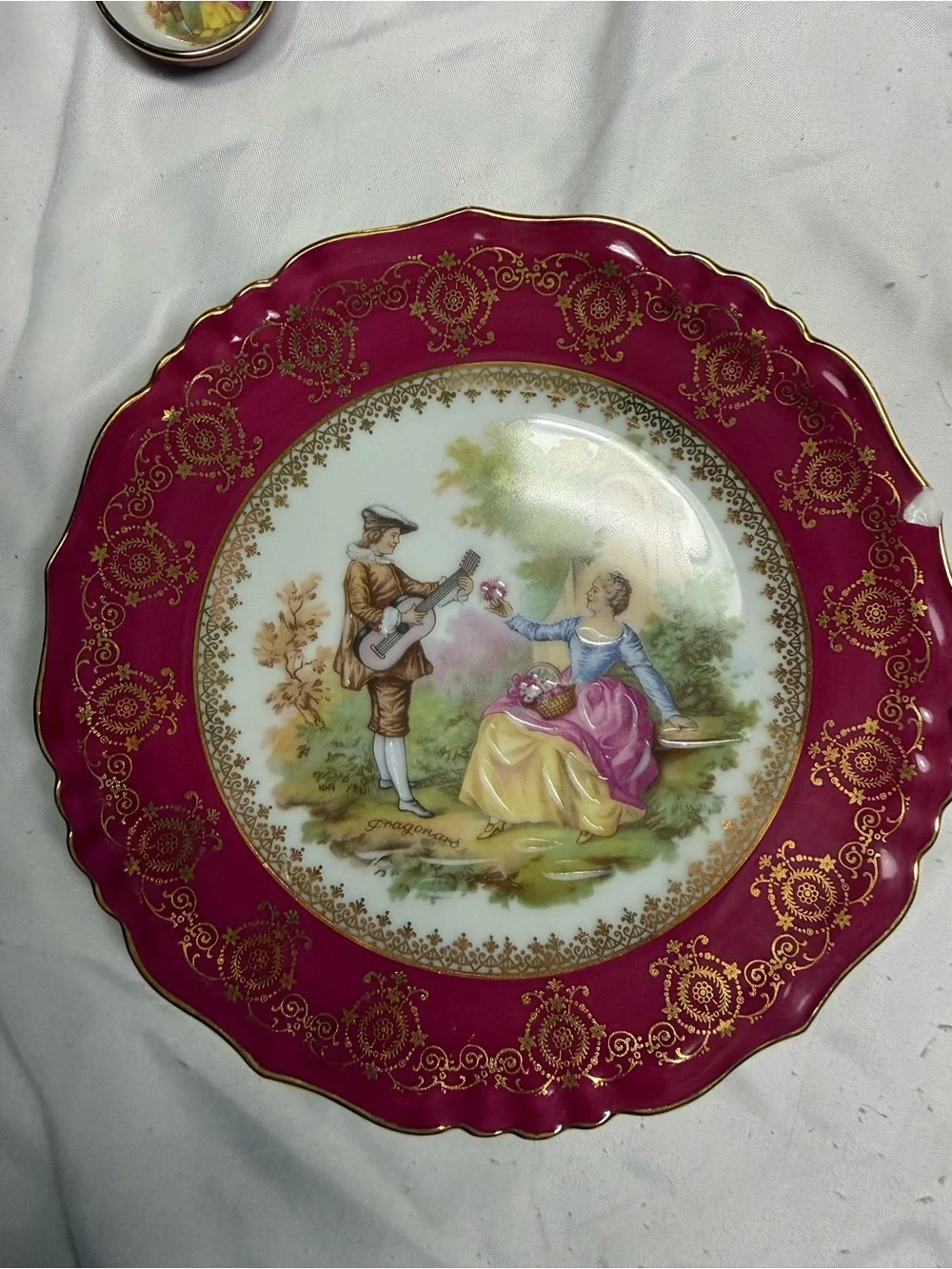 Vintage Decorative Limoges Porcelain Charger Plate in Magenta and Gold. Set of 2
